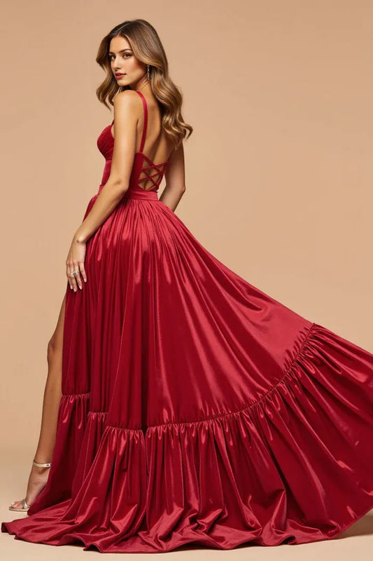 Dress Dark Red A Line Cut Out Pleated Satin Sleeveless Prom Dress With Backless