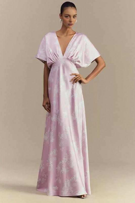 Dress Deep-V Flutter-Sleeve Satin A-Line Prom Dress Lilac Maxi Dress