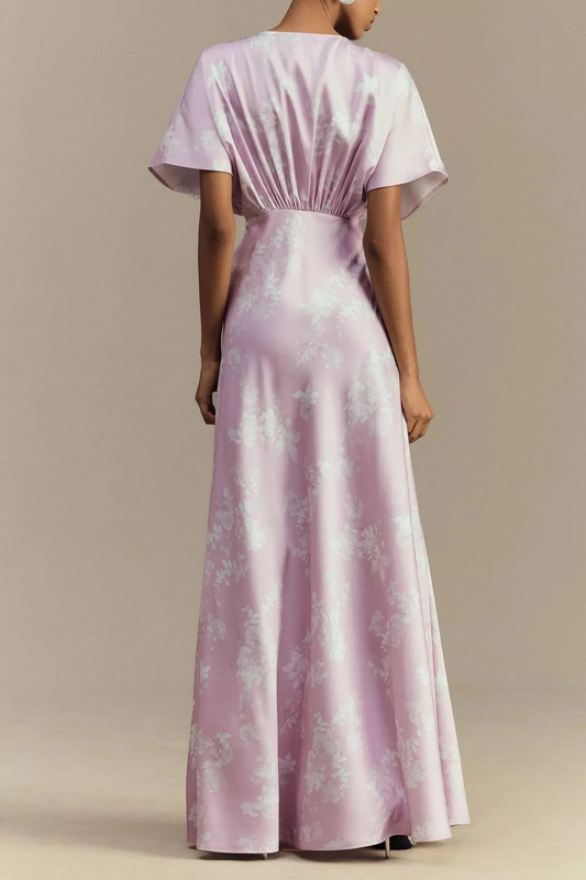 Dress Deep-V Flutter-Sleeve Satin A-Line Prom Dress Lilac Maxi Dress