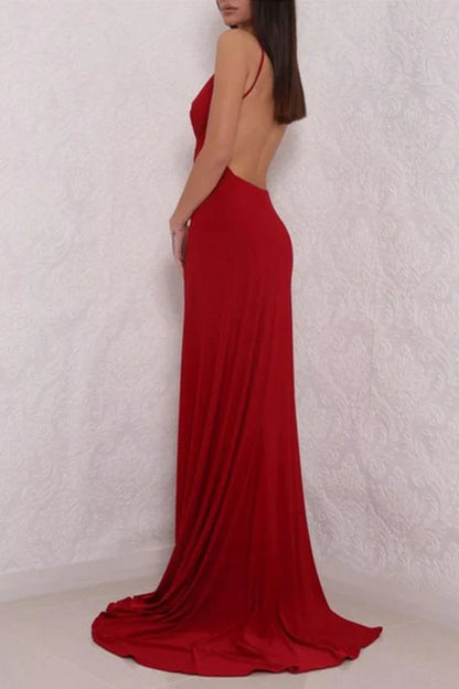 Dress Deep V Neck High Slit Backless Red Prom Dress Evening Dress