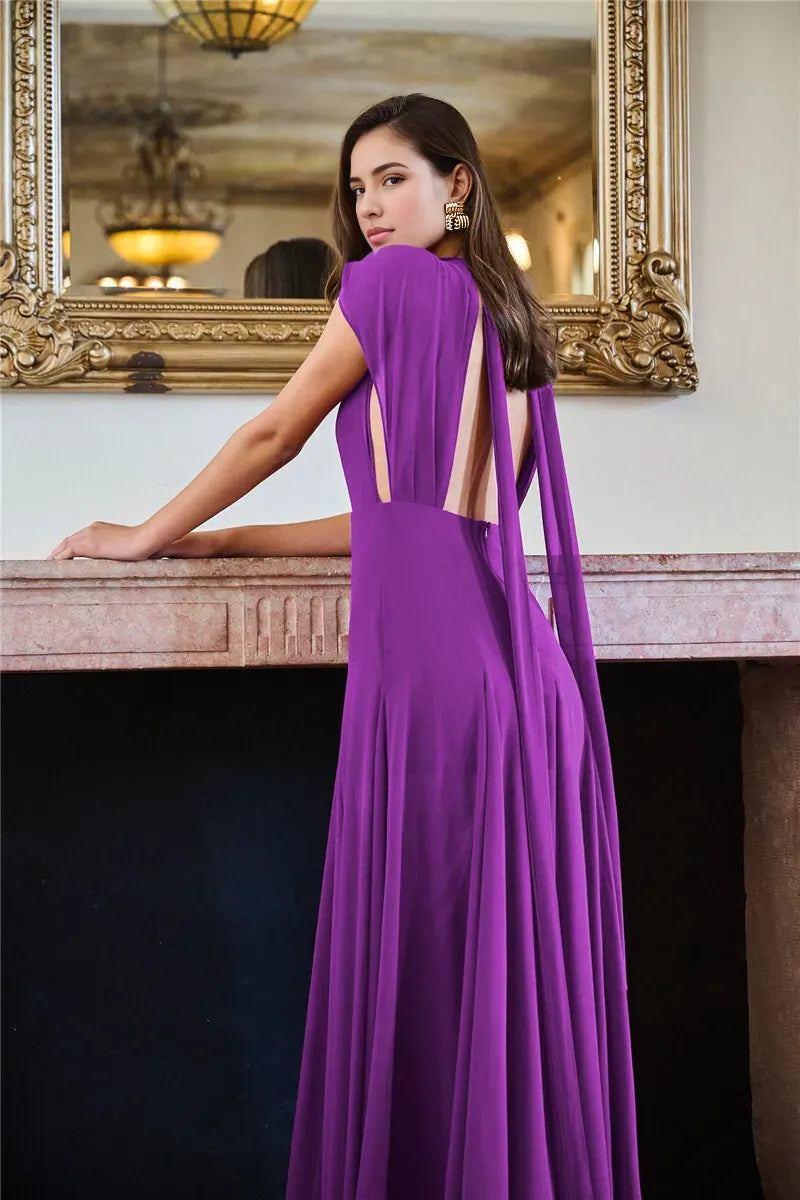 Dress Deep V Neck Purple Maxi Dress High Slit Party Dress Elegant Sleeveless Backless Prom Dress