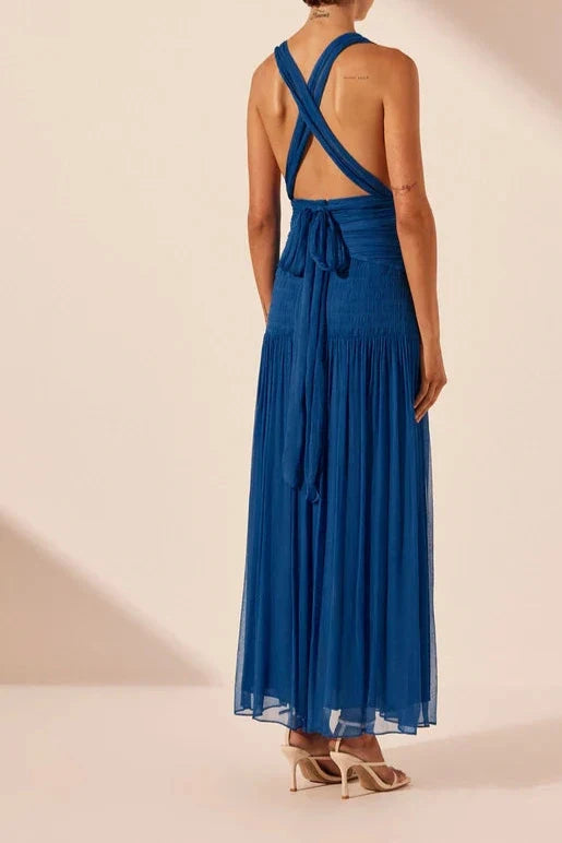 Dress Deep V Neck Sleeveless Ankle Length A-line Elegant Party Dress Evening Dress