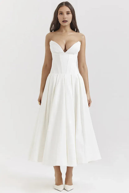 Dress Deep V Neck Strapless Sleeveless Corset A-Line Pleated Midi Prom Dresses