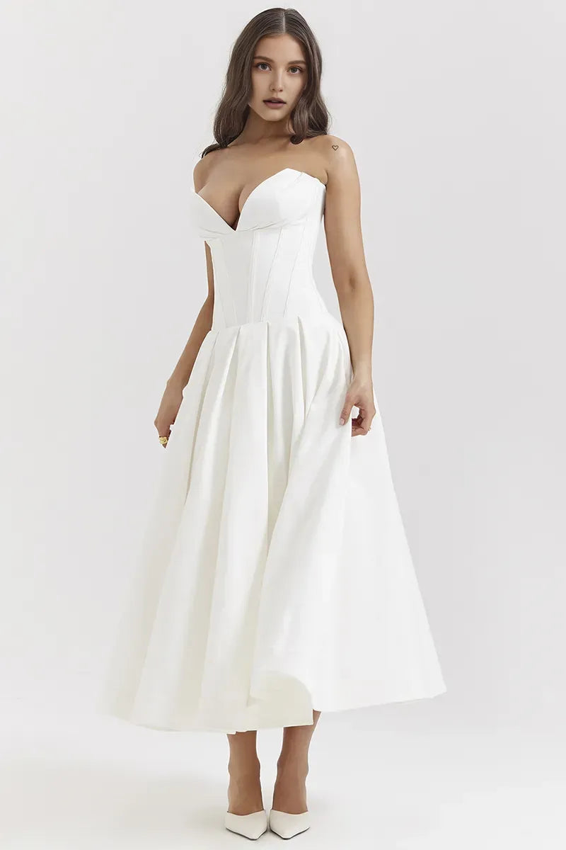 Dress Deep V Neck Strapless Sleeveless Corset A-Line Pleated Midi Prom Dresses
