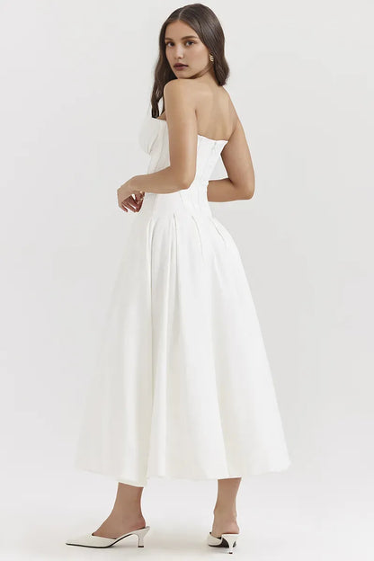 Dress Deep V Neck Strapless Sleeveless Corset A-Line Pleated Midi Prom Dresses