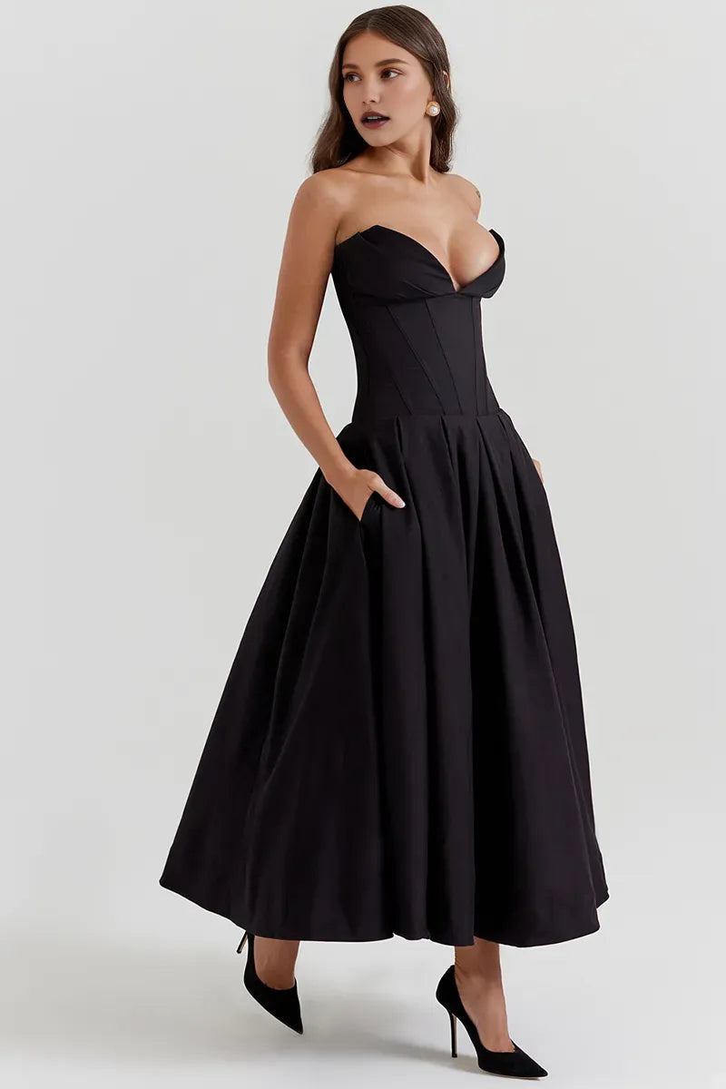 Dress Deep V Neck Strapless Sleeveless Corset A-Line Pleated Midi Prom Dresses