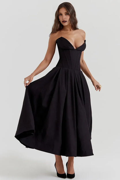 Dress Deep V Neck Strapless Sleeveless Corset A-Line Pleated Midi Prom Dresses