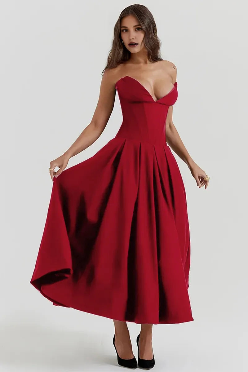 Dress Deep V Neck Strapless Sleeveless Corset A-Line Pleated Midi Prom Dresses