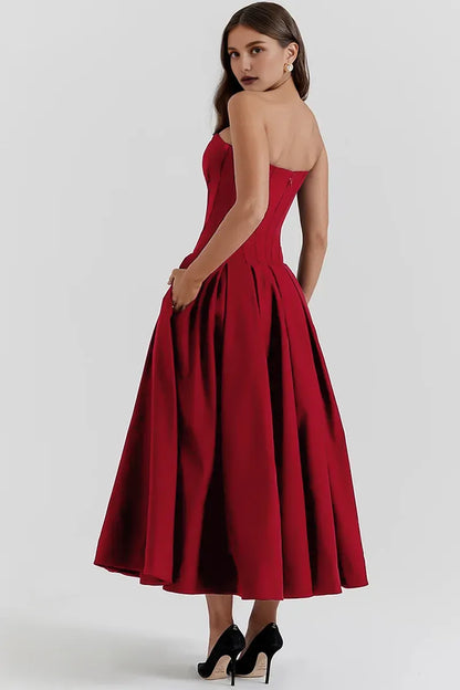 Dress Deep V Neck Strapless Sleeveless Corset A-Line Pleated Midi Prom Dresses