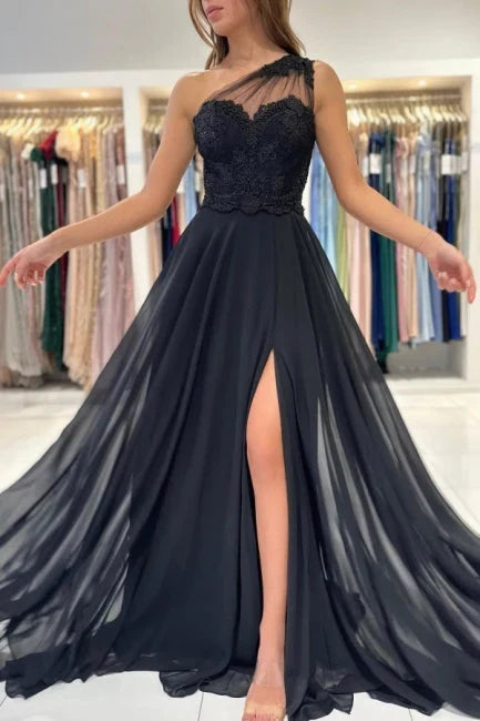 Dress Designer Long Black Evening Dresses One Shoulder Lace Prom Dresses With Slit