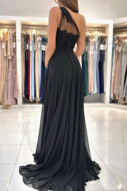 Dress Designer Long Black Evening Dresses One Shoulder Lace Prom Dresses With Slit
