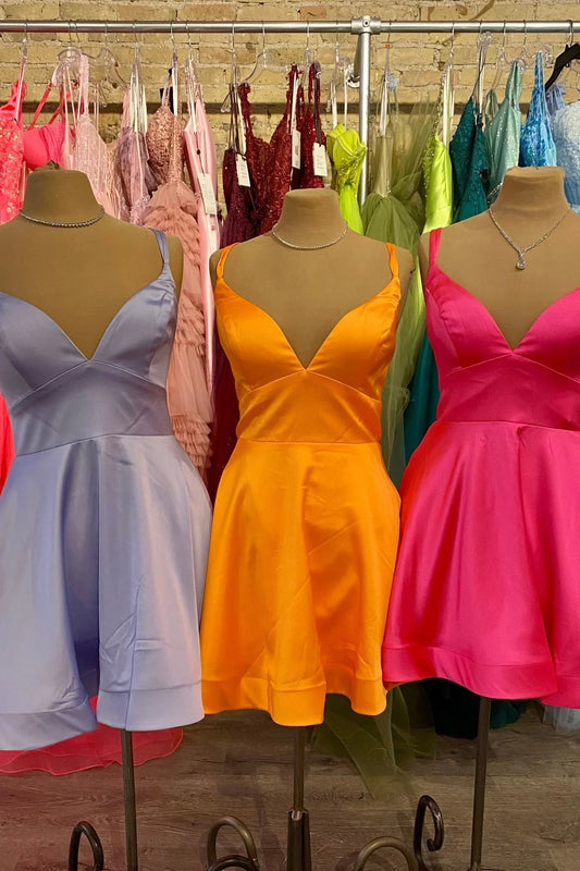 Dress Double Spaghetti Straps Lavender Satin Short Party Dress Lace-Up Back Homecoming Dress