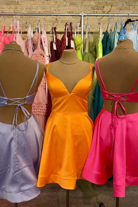 Dress Double Spaghetti Straps Lavender Satin Short Party Dress Lace-Up Back Homecoming Dress