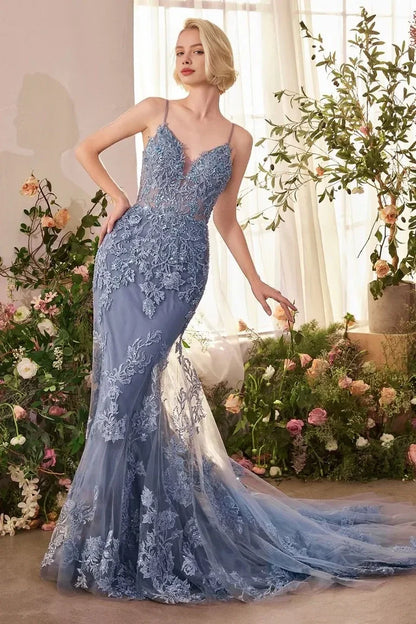 Dress Dreamy Dusty Blue Evening Dress Lace Sheer Details And Mermaid Silhouette Prom Dress