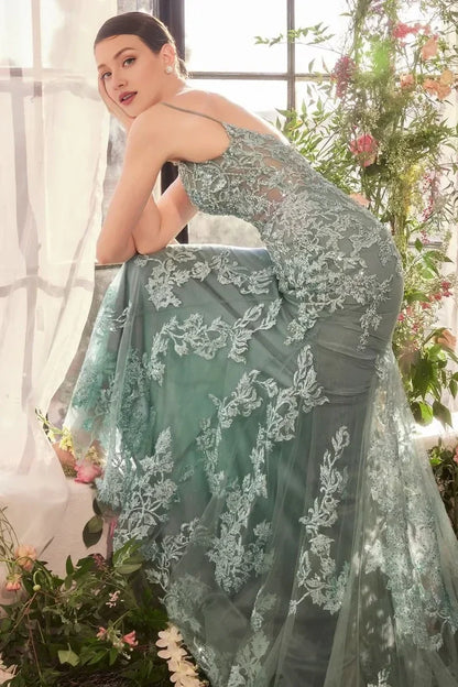 Dress Dreamy Dusty Blue Evening Dress Lace Sheer Details And Mermaid Silhouette Prom Dress
