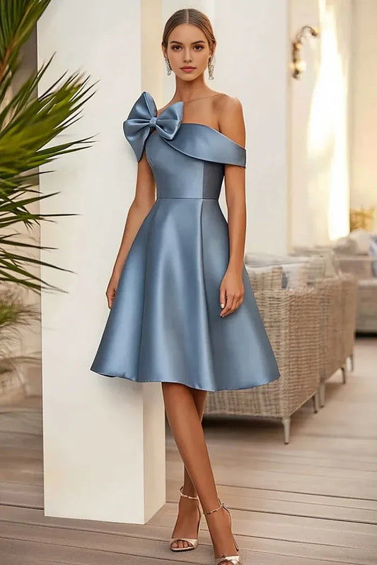 Dress Dusty Blue A Line Stain Midi Homecoming Dress Sleeveless Lace Up With Bow