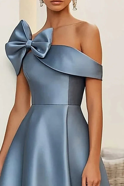Dress Dusty Blue A Line Stain Midi Homecoming Dress Sleeveless Lace Up With Bow