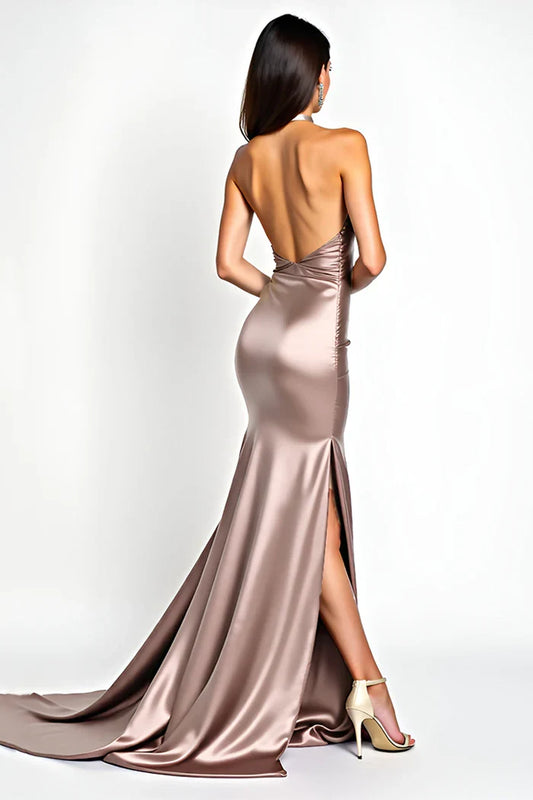 Dress Dusty Rose Mermaid Halter Satin Maxi Dress Prom Dress With Slit Evening Dress