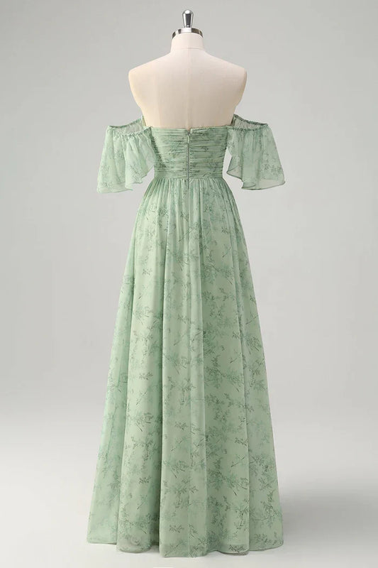 Dress Dusty Sage A Line Off the Shoulder Print Maxi Dress Prom Dress Sleeveless Slit Evening Dress