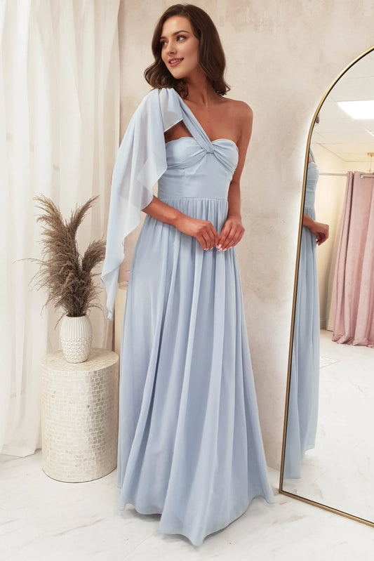 Dress Elegant A-Line Chiffon Maxi Dress Dusty Blue One Shoulder Neck Draped Sleeve Prom Dress
