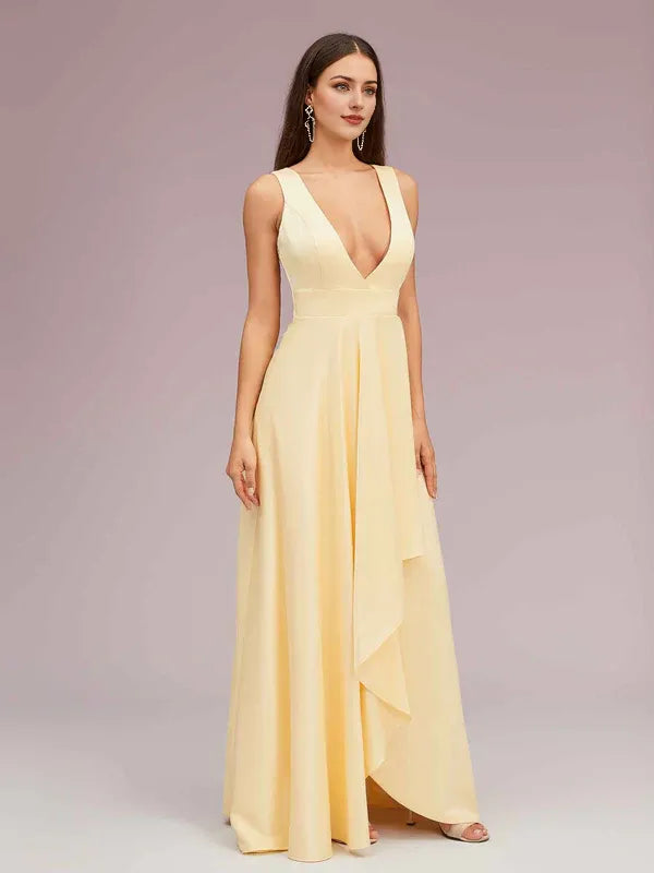 Dress Elegant A-Line Deep V-Neck Maxi Dress Soft Satin Evening Sleeveless Ruffle Prom Dresses