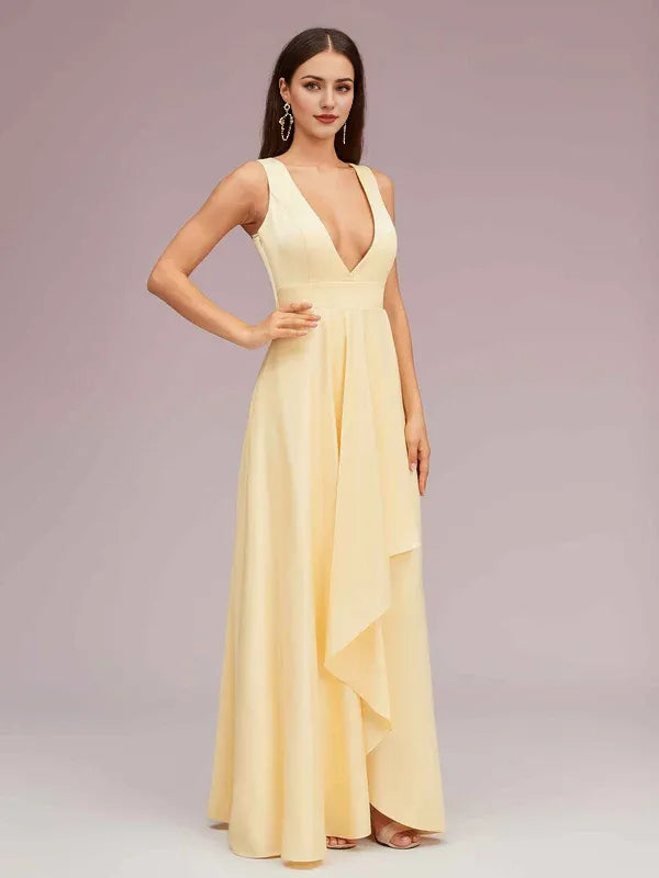 Dress Elegant A-Line Deep V-Neck Maxi Dress Soft Satin Evening Sleeveless Ruffle Prom Dresses