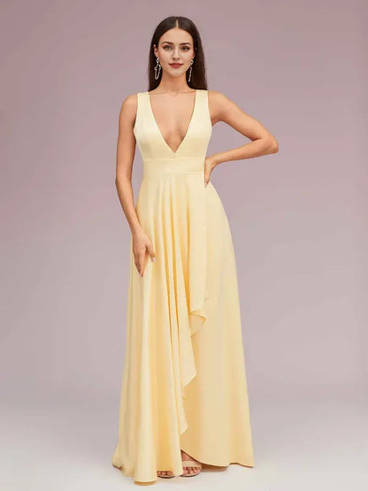 Dress Elegant A-Line Deep V-Neck Maxi Dress Soft Satin Evening Sleeveless Ruffle Prom Dresses