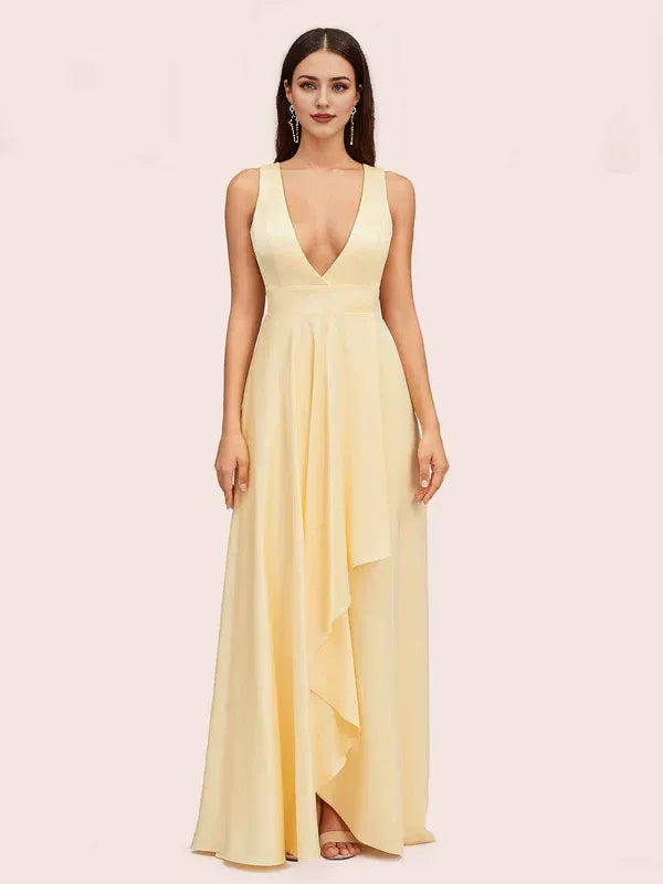 Dress Elegant A-Line Deep V-Neck Maxi Dress Soft Satin Evening Sleeveless Ruffle Prom Dresses