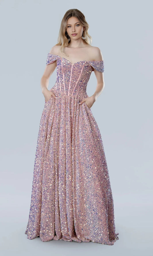 Dress Elegant A-Line Sequin Prom Dress Off the Shoulder Sleeveless Sweep/Brush Train Evening Dress