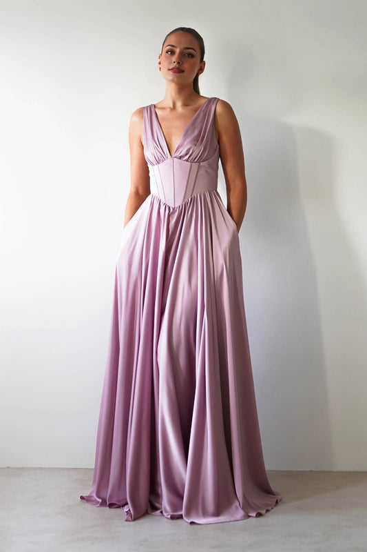 Dress Elegant A-Line Soft Satin Maxi Gown V Neck Sleeveless Ruched Lace Up Prom Dress
