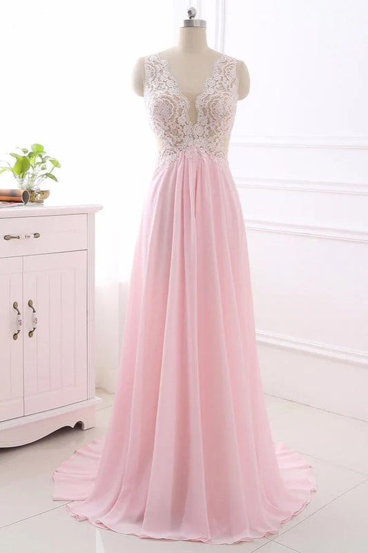 Dress Elegant A-Line V-Neck Pink Chiffon Party Dresses With Ruffles Prom Dress