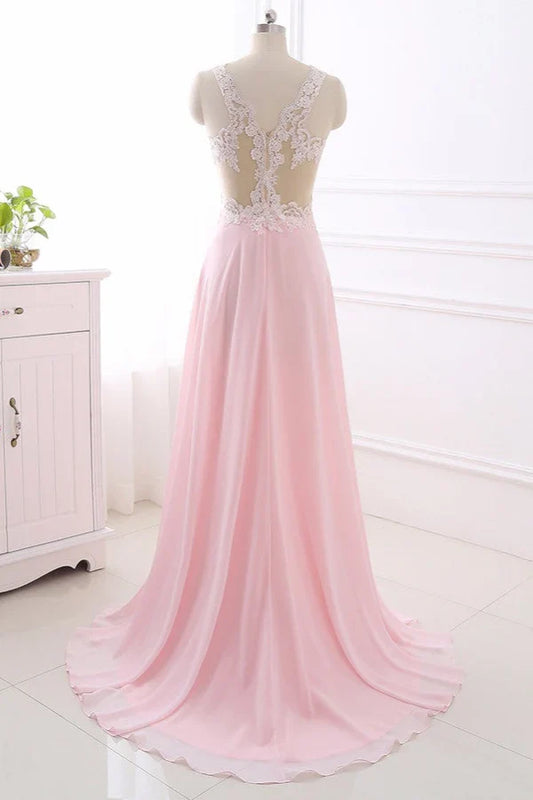 Dress Elegant A-Line V-Neck Pink Chiffon Party Dresses With Ruffles Prom Dress