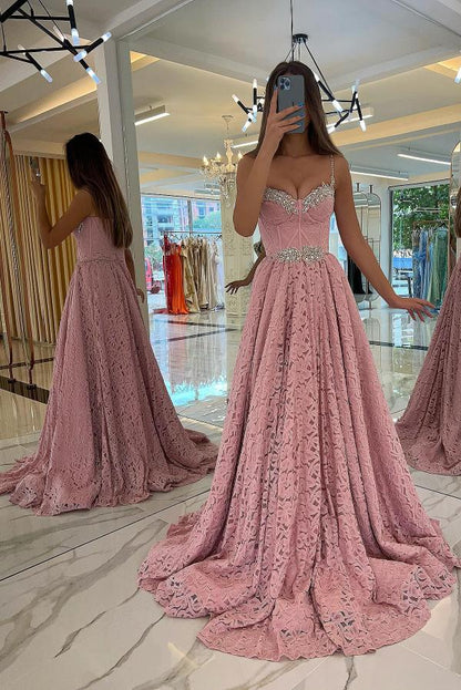 Dress Elegant A-line Chapel Train Pink Lace Evening Dress Sleeveless With Beads Lace Up Prom Dress