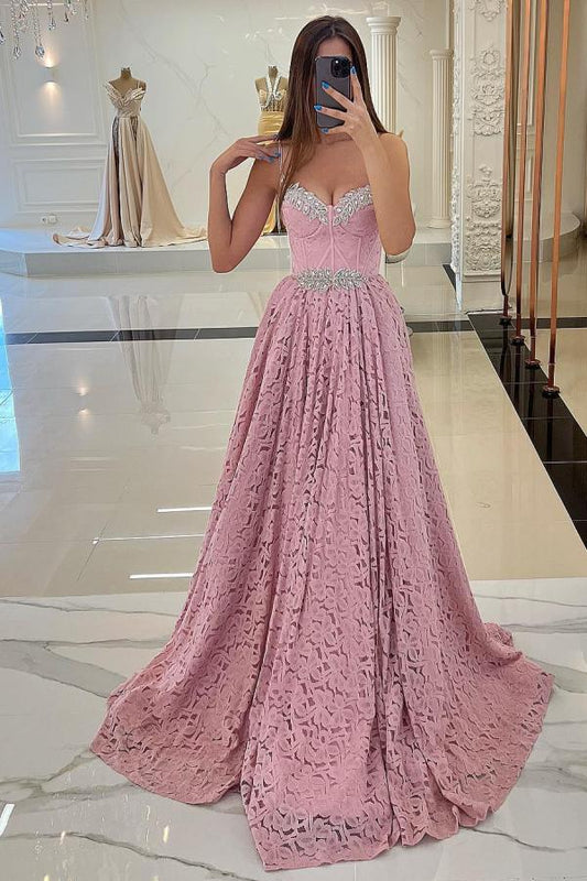 Dress Elegant A-line Chapel Train Pink Lace Evening Dress Sleeveless With Beads Lace Up Prom Dress
