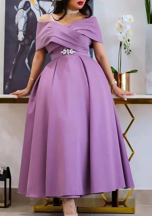 Dress Elegant A-line Off-the-Shoulder Satin Homecoming Dress Pleated Waistband Party Dress