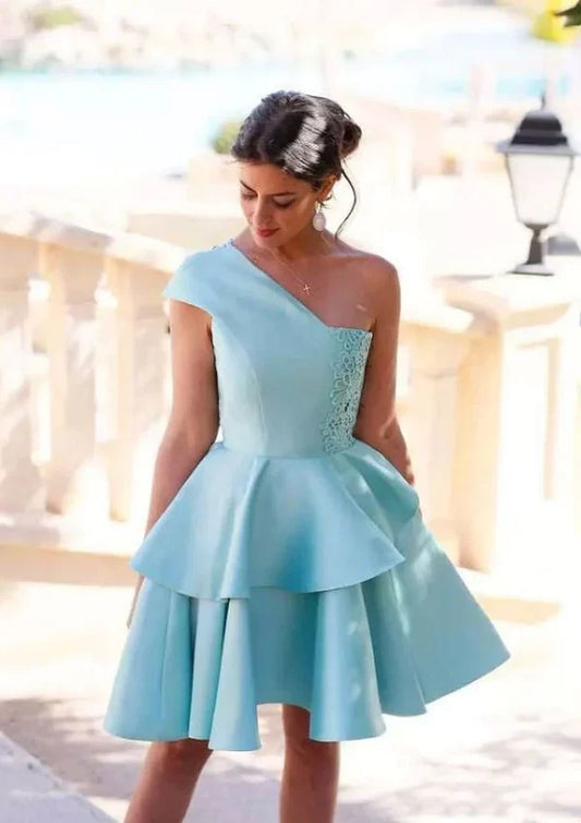 Dress Elegant A-line One-Shoulder Satin Cocktail Dress Homecoming Dress Ruffles Vintage Lace Party Dress