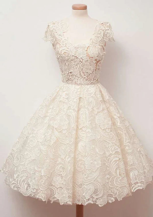 Dress Elegant A-line Scalloped Neck Cap Sleeve Lace Homecoming Dress Vintage Zipper Party Dress