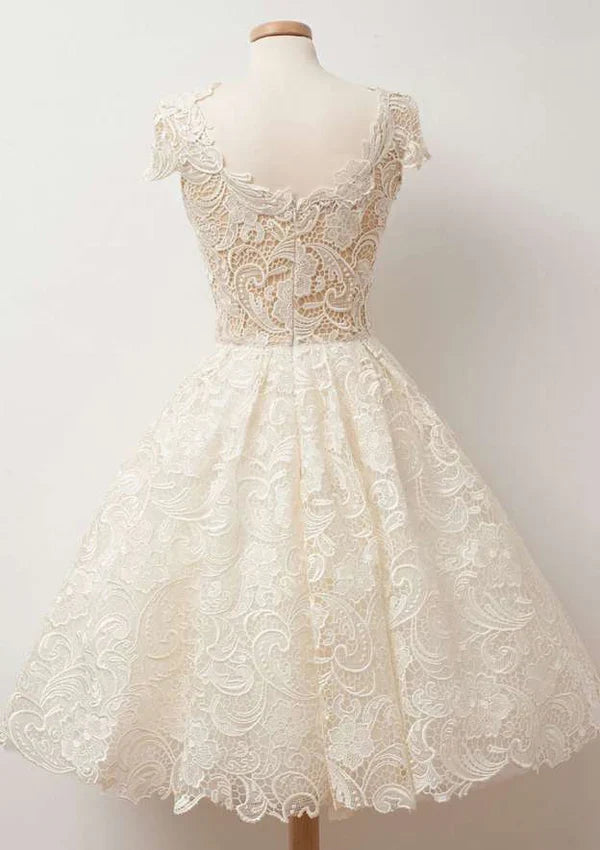 Dress Elegant A-line Scalloped Neck Cap Sleeve Lace Homecoming Dress Vintage Zipper Party Dress