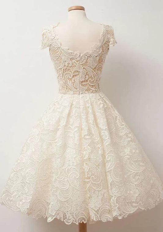 Dress Elegant A-line Scalloped Neck Cap Sleeve Lace Homecoming Dress Vintage Zipper Party Dress