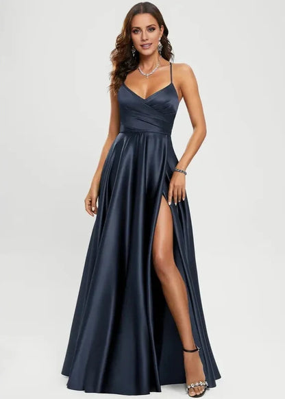 Dress Elegant A-line V-Neck Floor-Length Satin Prom Dresses Backless Sleeveless Solid Color Maxi Dress