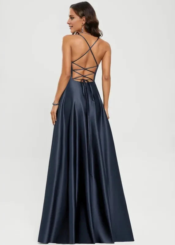 Dress Elegant A-line V-Neck Floor-Length Satin Prom Dresses Backless Sleeveless Solid Color Maxi Dress