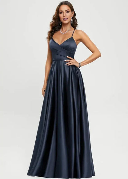 Dress Elegant A-line V-Neck Floor-Length Satin Prom Dresses Backless Sleeveless Solid Color Maxi Dress