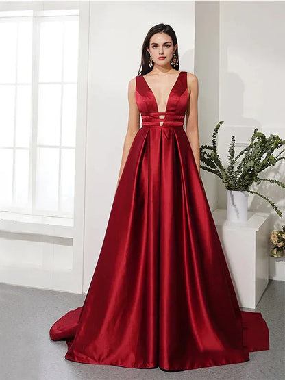 Dress Elegant A-line V-neck Satin Red Prom Dresses Evening Dresses Party Dress