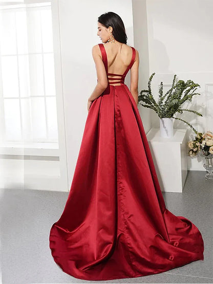 Dress Elegant A-line V-neck Satin Red Prom Dresses Evening Dresses Party Dress