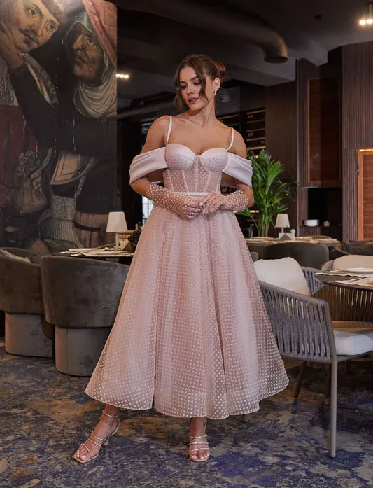 Dress Elegant A Line Off the Shoulder Light Pink Tulle Prom Dress Evening Dress Party Dress Gloves Not Included