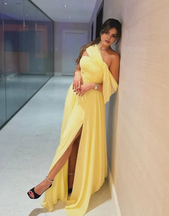 Dress Elegant A Line Off the Shoulder Yellow Long Prom Dress Birthday Dress With Slit Party Dress