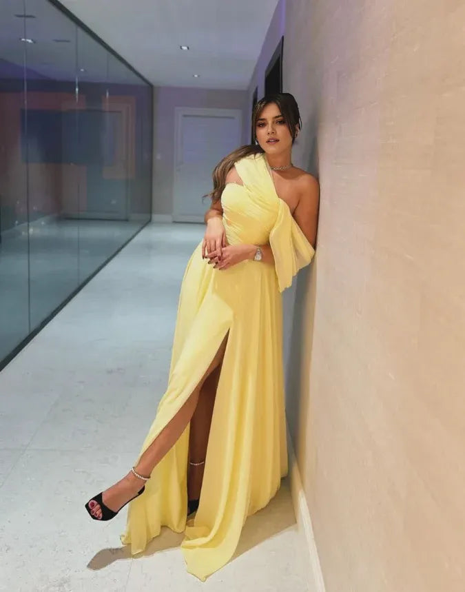 Dress Elegant A Line Off the Shoulder Yellow Long Prom Dress Birthday Dress With Slit Party Dress
