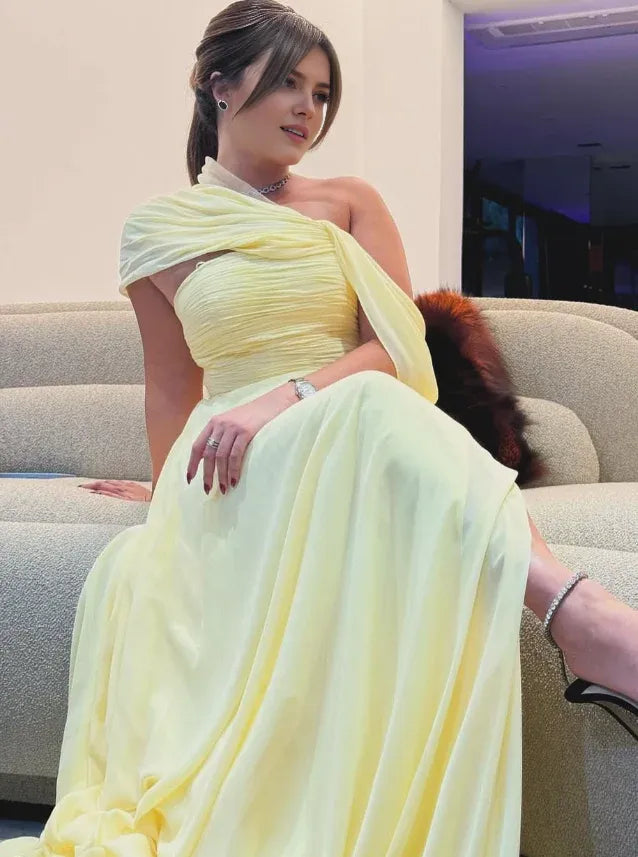 Dress Elegant A Line Off the Shoulder Yellow Long Prom Dress Birthday Dress With Slit Party Dress