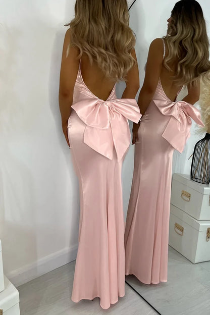Dress Elegant Backless Bow Satin Dress Spaghetti Strap Party Cocktail Wedding Guest Pink Long Dress for Women Slim Bodycon Sexy Prom Dress