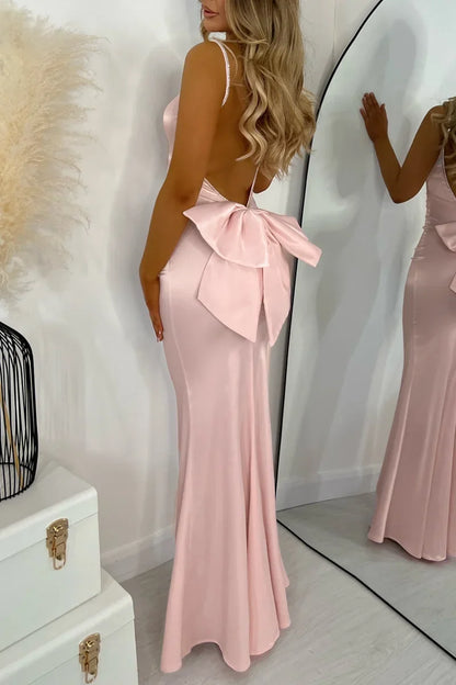 Dress Elegant Backless Bow Satin Dress Spaghetti Strap Party Cocktail Wedding Guest Pink Long Dress for Women Slim Bodycon Sexy Prom Dress